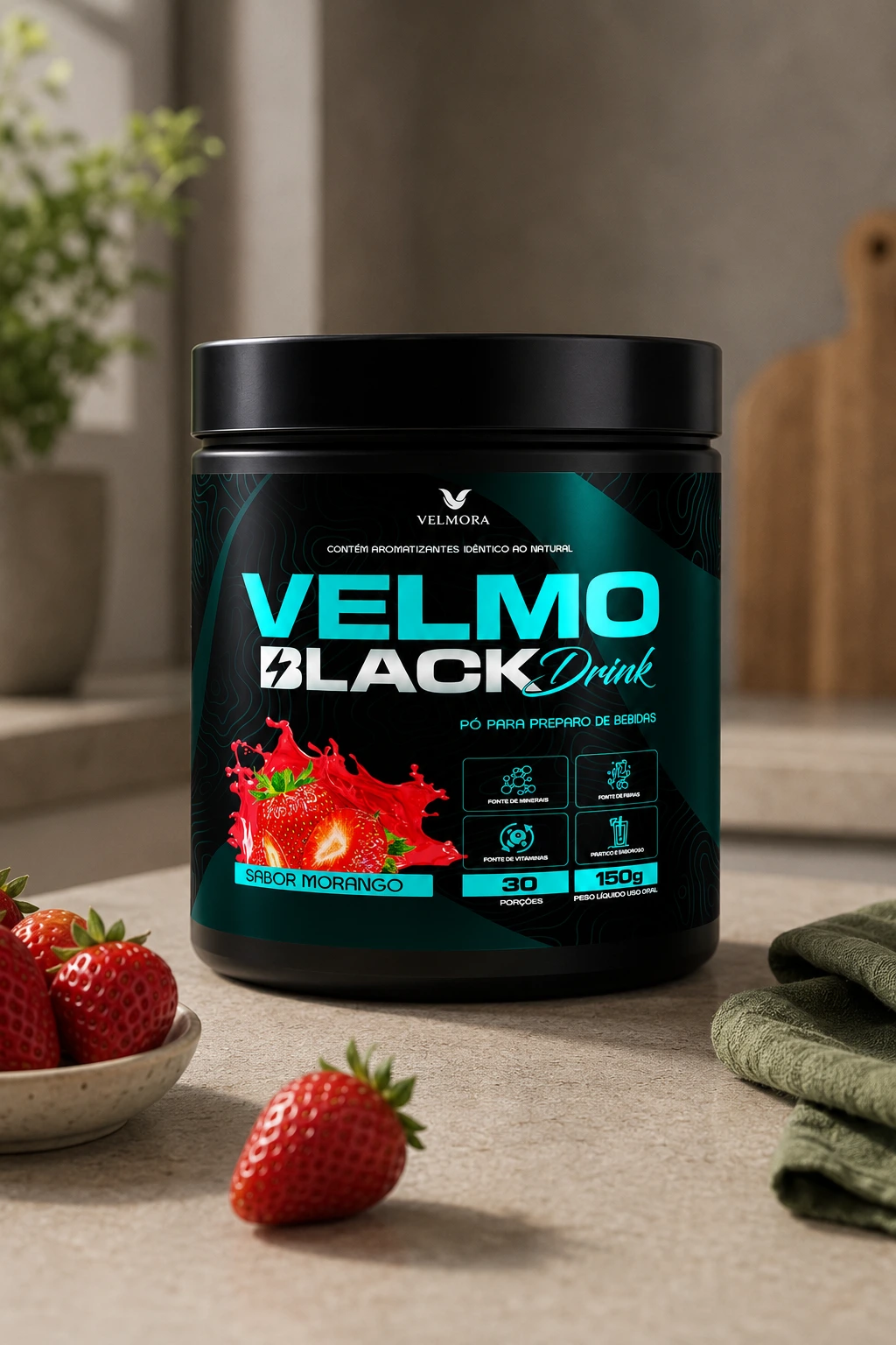 VELMO BLACK Velmora — Bebida em pó sabor morango, pote 150g, na rotina do dia a dia